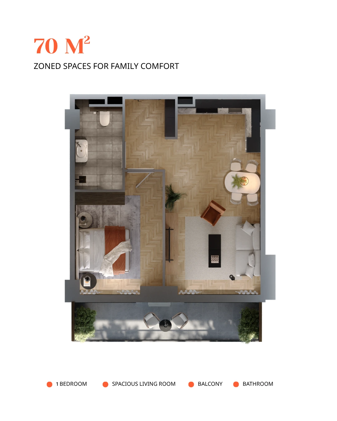 3D floor plan of a 70 m² apartment at Chronometri