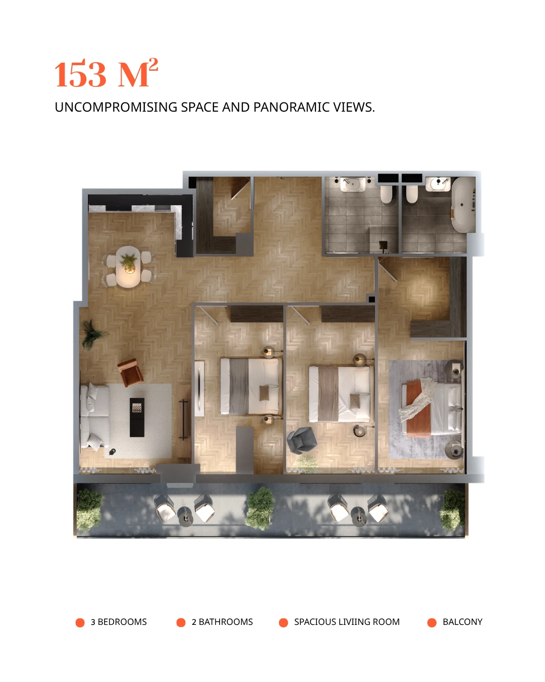 3D floor plan of a 153 m² apartment at Chronometri